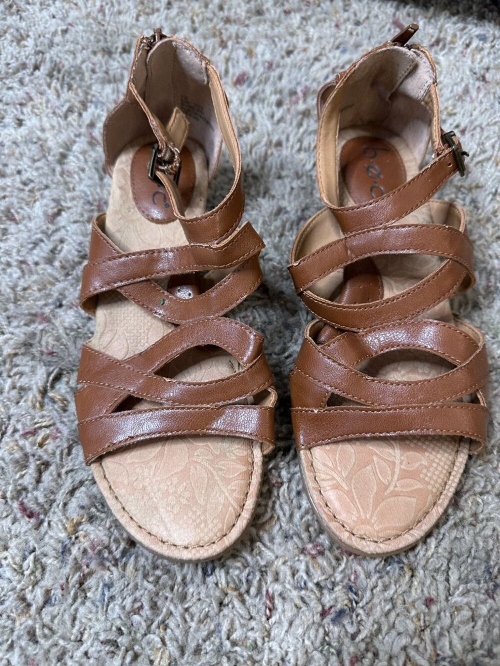B.O.C Brown Strappy Sandals Women’s 7M Comfort Cushioned Sole Cork Wedge Design